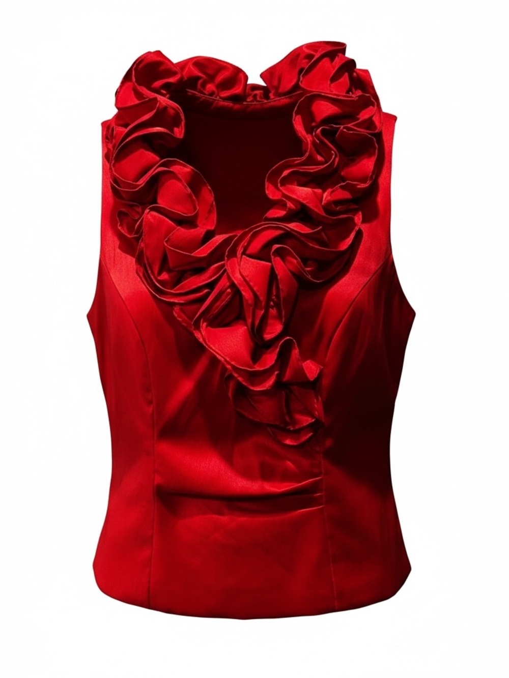 Xscape By Joanna Chen Red Ruffle V-Neck Sleeveless Top